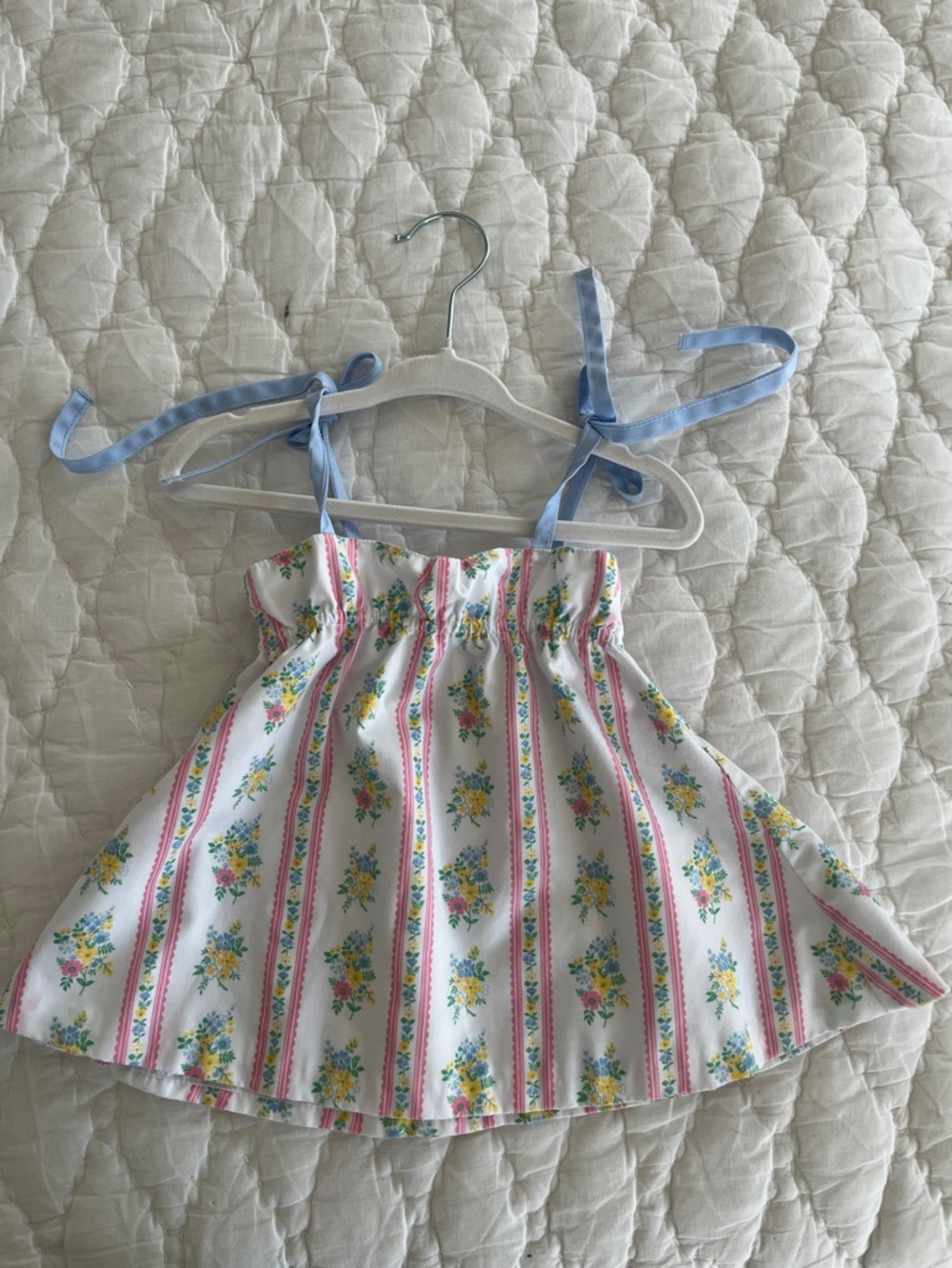 The Beaufort Bonnet Company Girls White Floral Stripe Tank Top with Blue Ties